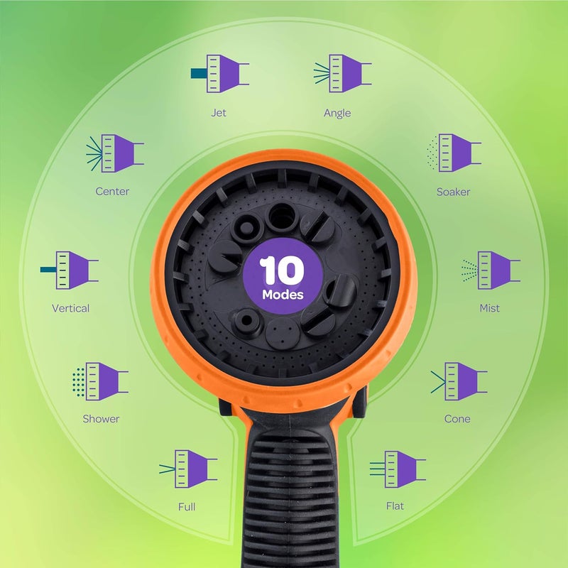 SEWANTA فوهة خرطوم [برتقالي] بخاخ خرطوم ثقيل مع 10 أنماط ري قابلة للتعديل. تصميم تحكم بالإبهام، قبضة مريحة وعملية، فوهة خرطوم للحدائق لري النباتات والحدائق/استحمام ممتع/تنظيف. - Image 3